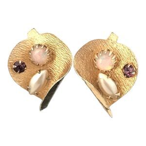 Vintage Earrings Gold Tone Simulated Opal Simulated Pearl Estate Jewelry 1F